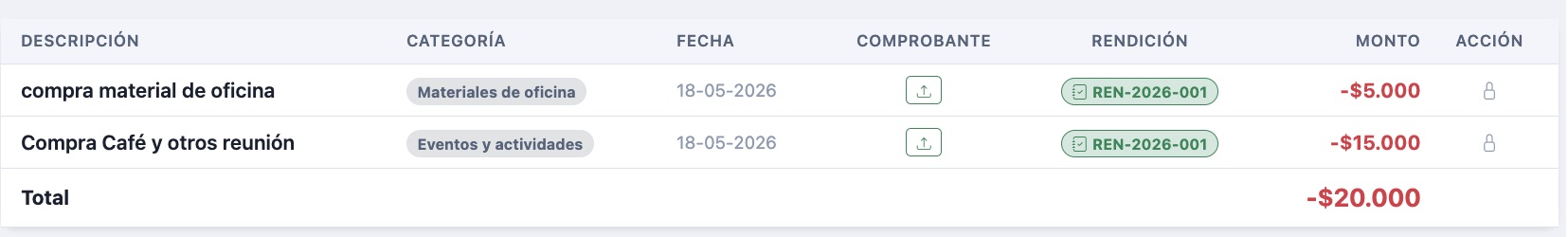 Lista de gastos del año con categoría, fecha, comprobante, rendición asociada y monto, y el total gastado